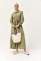 Green Woven Fabric Half Buttoned Belted Waist Long Sleeve Shirt Collar Layered Cut Dress
