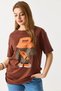 Brown Stretchy Textured Crew Neck Short Sleeve Comfortable Fit Bear Printed Knitted T-Shirt