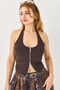 Brown Diving Fabric Halter Neck Slim Fit Blouse with Double Zipper Detail - 5
