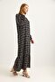 Black Viscose Fabric Comfortable Fit Dress with Elastic Cuffs and Six Pleated Detail at the Bottom - 2
