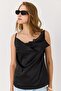 Black Satin Viscose Textured Degaje Collar Adjustable Drawstring Strap Lace Detailed Blouse - 4