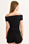 Black Ribbed Knitted Fabric Boat Neck Short Sleeve Slim Fit Stretchy Blouse with Button Detail on the Front - 5