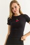 Black Corduroy Crew Neck Short Sleeve Slim Fit Knitted Blouse with Cherry Embroidery Detail - 3
