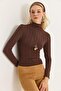Brown Stretchy Knitwear Textured Turtleneck Long Sleeve Slim Fit Self-Knit Detailed Sweater - 3