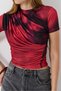 Red Stretch Fabric Crew Neck Short Sleeve Draped Digital Print Two-Color T-Shirt - 4