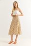 Orange Viscose Textured High Waist Relaxed Fit Buttoned Floral Patterned Casual Skirt