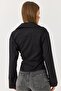 Black Woven Fabric Shirt with Collar, Long Sleeves, Cuffed Sides, and Belted Double-Breasted Design - 4