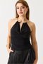Black Sandy Fabric Modern Cut Blouse with Metal Accessories at the Neckline