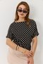 Black Polka Dot Boat Neck Short Sleeve Modern Cut Waist Gathered Patterned Blouse - 2