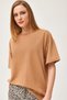 Beige Cotton Blend Fabric Crew Neck Short Sleeve Drop Shoulder Basic Knitted T-Shirt - 5
