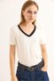 White Cotton Blend V-Neck Short Sleeve Standard Fit T-Shirt with Contrast Color Detail - 5