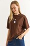 Brown Crew Neck Drop Shoulder Comfortable Fit Teddy Bear Embroidered Short Sleeve Knitted T-Shirt