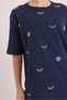 Navy Blue Crew Neck Drop Shoulder Oversize Wide Cut Eye Print Short Sleeve Knitted T-Shirt - 2