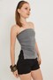 Gray Stretchy Textured Strapless Collar Blouse with Gathered Sides and Slit Detail - 4