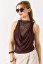 Brown Stretchy Fabric Degaje Collar Backless Lace Detailed Sleeveless Knitted Blouse - 2