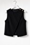 Black Stretch Fabric Crew Neck Lined Crop Vest with Gold Button Detail and Double-Breasted Look - 2