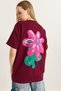 Burgundy Two Yarn Fabric Crew Neck Short Sleeve Basic Form Chest Printed T-Shirt - 5
