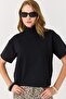Black Modal Fabric Turtleneck Short Sleeve Modern Cut Soft Textured Knitted T-Shirt - 3