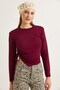 Burgundy Stretch Fabric Crew Neck Long Sleeve Asymmetrical Cut Side Gathered Knitted Blouse
