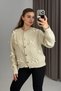 Beige Knitwear Textured Crew Neck Long Sleeve Standard Cut Cardigan with Ribbon and Gold Buttons - 3