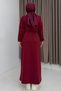 Burgundy Woven Fabric Polo Collar Long Sleeve Straight Cut Tie-Waist Basic Hijab Dress - 3