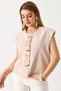 Beige Woven Fabric Crew Neck Zero Sleeve Relaxed Fit Front Button Detailed Modern Vest - 2