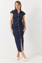 Navy Blue Lycra Denim Fabric Shirt Collar Slim Fit Draped Detailed Front Buttoned Midi Length Dress - 3