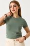 Green Stretchy Textured Crew Neck Short Sleeve Straight Cut Slim Fit Knitted Crop Blouse - 2