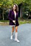 Plum Woven Fabric Classic Collar Modern Cut Blazer Jacket with Thin Belt at the Back - 2