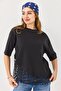 Black Stretchy Textured Crew Neck Short Sleeve T-Shirt with Double Form Hem and Lace Detail