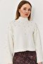 White Stretchy Knitwear Fabric Turtleneck Sweater with Stone and Pearl Detailing Modern Cut Knitwear Sweater - 2