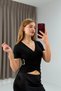 Black Stretchy Sandy Fabric Double-Breasted Collar Short Sleeve Blouse with Side Buckle Detail and Modern Cut - 2