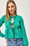 Green Cotton Stretchy Knitted Fabric Crew Neck Long Sleeve Blouse with Tie Detail - 3
