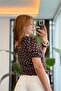 Brown Woven Fabric One-Shoulder Short-Sleeved Standard Cut Waist-Tied Polka Dot Blouse - 4