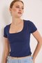 Navy Blue Stretchy Cotton Knitted Fabric Square Neck Short Sleeve Slim Fit Basic Knitted Blouse - 2