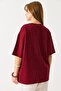 Burgundy Crew Neck Short Sleeve Oversize Wide Cut Shiny Stone Detailed Knitted T-Shirt - 5