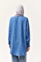 Blue Linen Fabric High Collar Off-Shoulder Buttoned Sleeve Ribbed Detailed Shirt Tunic - 4