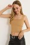 Beige Knitwear Fabric Square Neck Sleeveless Slim Fit Ribbed Textured Cropped Knitted Blouse - 4