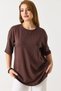 Brown Knitted Fabric Crew Neck Drop Shoulder Oversize Stone Detailed Short Sleeve T-Shirt - 3