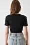 Black Combed Cotton Fabric Crew Neck Short Sleeve Side Gathered Slim Fit Crop Blouse - 4