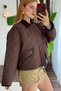 Brown Polyester Fabric Polo Collar Lined Quilted Velvet Textured Oversized Jacket - 4