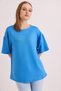 Blue Cotton Soft Textured Crew Neck Drop Shoulder Oversize Loose Cut T-Shirt - 5