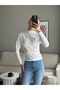 White Polyester Fabric Turtleneck Basic Form-Fitting Blouse with Draped Front and Long Sleeves, Flexible Texture - 2