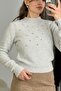 Gray Soft Textured Half Turtleneck Long Sleeve Comfortable Fit Stone Detailed Knitwear Sweater - 3