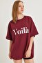 Burgundy Cotton Blend Crew Neck Drop Shoulder Oversize Two Thread Printed T-Shirt - 3