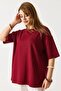 Burgundy Crew Neck Short Sleeve Oversize Wide Cut Shiny Stone Detailed Knitted T-Shirt - 4