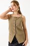 Khaki Lined Thin Strap Square Collar Regular Fit Woven Vest with Button and Stitching Detail - 3