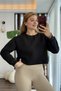Black Cotton Crew Neck Long Sleeve Relaxed Fit Ribbed Detailed Crop Sweatshirt