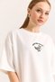 Ecru Two-Thread Crew Neck Drop Shoulder Oversize Duck Embroidery Detailed Short Sleeve T-Shirt - 4