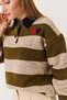 Khaki Soft Textured Polo Collar Relaxed Fit Heart Embroidered Striped Long Sleeve Knitwear Sweater - 3